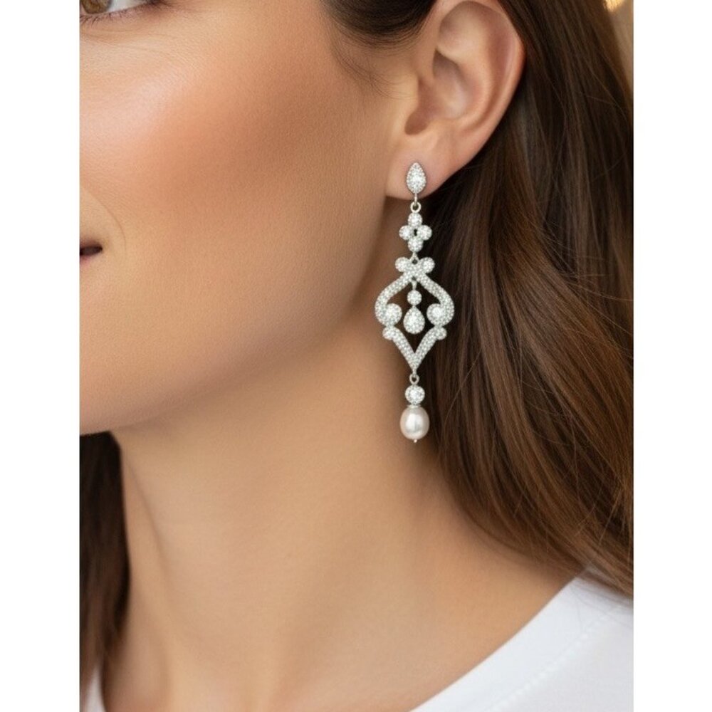 Mariell Bridal CZ Drop Earrings Silver Tone Pearl Dangle Wedding Pageant NWT